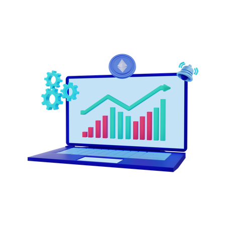 Ethereum Crypto Coin Rising Graph With Laptop  3D Icon