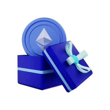 Ethereum-Kryptomünze in Geschenkbox  3D Illustration