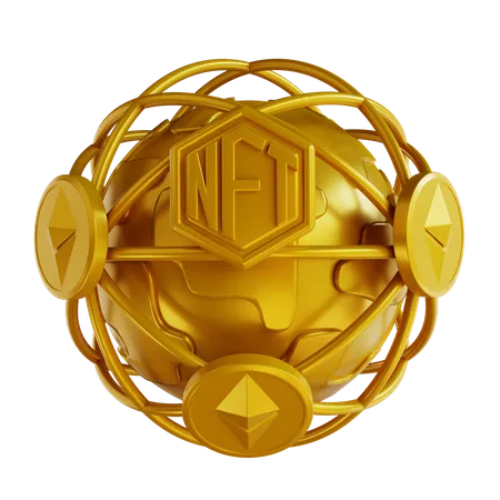 3 D Illustrations Golden Global NFT And Ethereum Coin 3D Icon