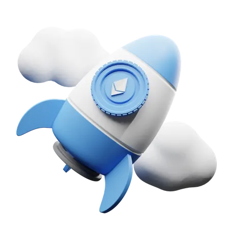 Ethereum rocket in clouds  3D Illustration