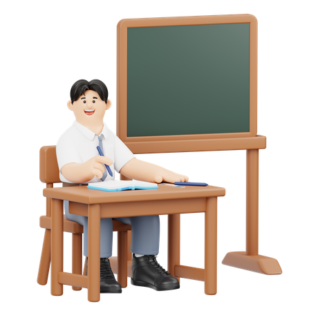 Étudiant écrivant en classe avec un cahier, un stylo et une règle  3D Illustration