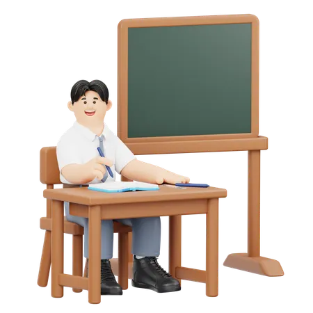 Étudiant écrivant en classe avec un cahier, un stylo et une règle  3D Illustration