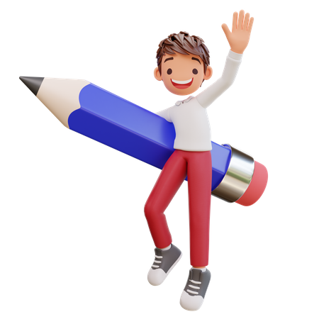 Étudiant mignon volant avec un crayon  3D Illustration