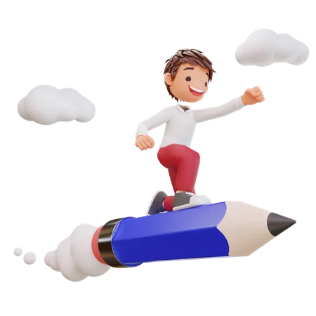 Étudiant mignon volant sur un crayon  3D Illustration