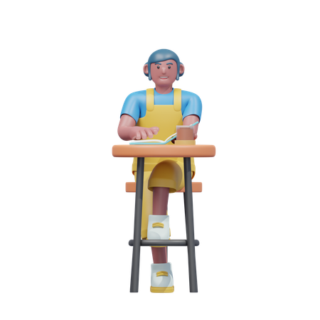 Étudiante en train d'étudier dans un café  3D Icon