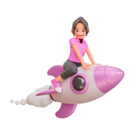 Fille étudiante volant sur une fusée  3D Illustration