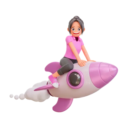 Fille étudiante volant sur une fusée  3D Illustration