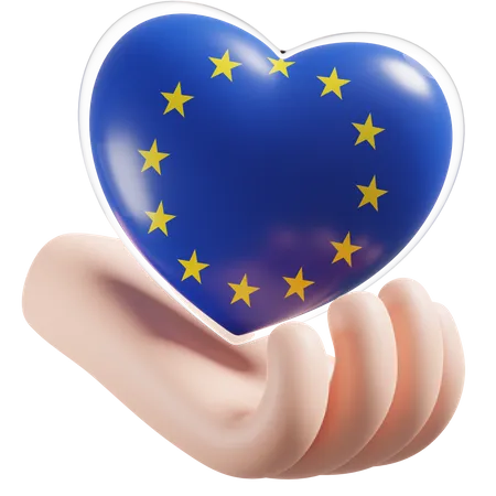 European Union Flag Heart Hand Care  3D Icon