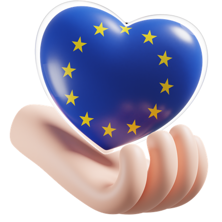 European Union Flag Heart Hand Care  3D Icon