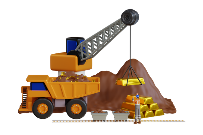 Excavadora que transporta oro desde la mina.  3D Illustration