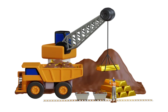 Excavator transporting gold from mine  3D Illustration