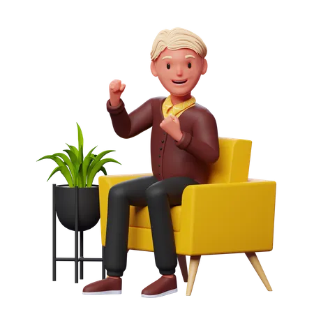 Excited boy sitting on sofa 3D Illustration