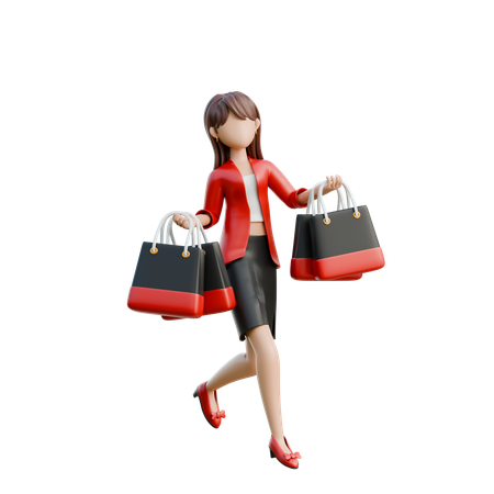 Excited Girl Holding Shopping Bags  3D Illustration