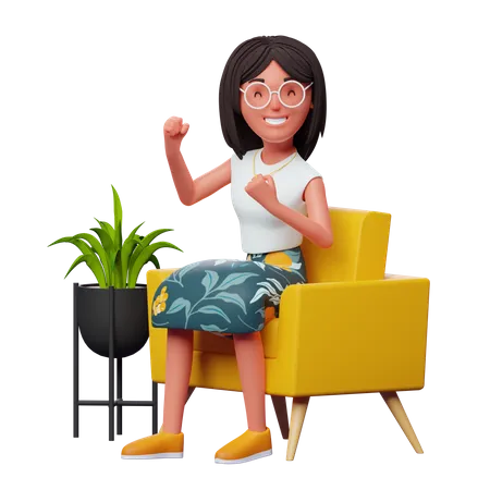 Excited girl sitting on sofa  3D Illustration