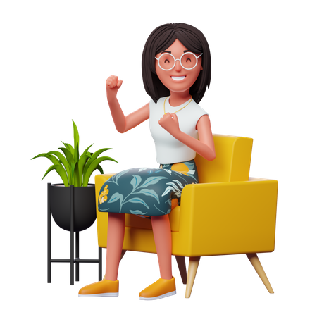 Excited girl sitting on sofa 3D Illustration