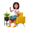 excited girl sitting on sofa 3d images