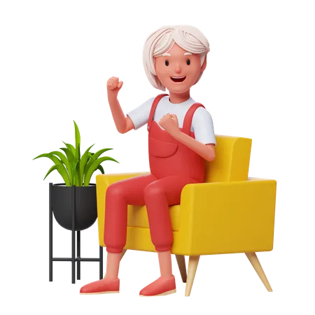 Excited girl sitting on sofa  3D Illustration