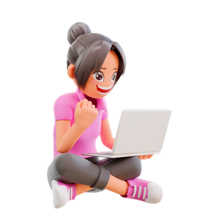 Excited Girl studying at home with e-learning program  3D Icon