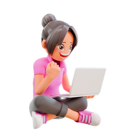 Excited Girl studying at home with e-learning program  3D Illustration