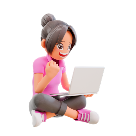 Excited Girl studying at home with e-learning program 3D Illustration