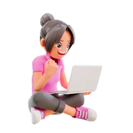 Excited Girl studying at home with e-learning program 3D Illustration