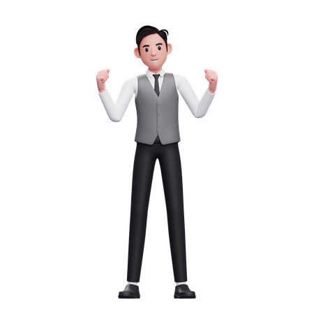 Excited young male doing winning gesture wearing a gray office vest  3D Illustration