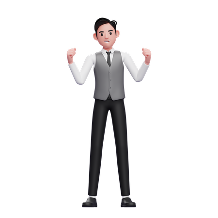 Excited young male doing winning gesture wearing a gray office vest 3D Illustration