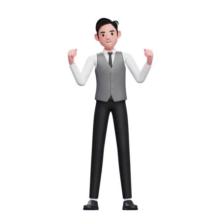 Excited young male doing winning gesture wearing a gray office vest  3D Illustration