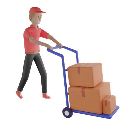 Illustration Of Delivery Guy With Package Moving In Cart 3D Illustration