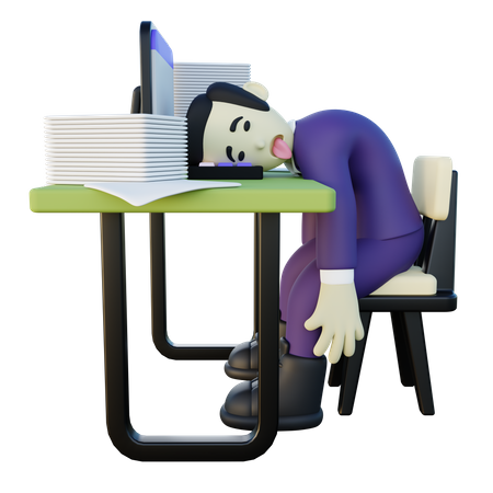 Exhausted man working in office  3D Icon