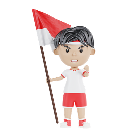 Exited Indonesian boy holding indonesian flag  3D Illustration