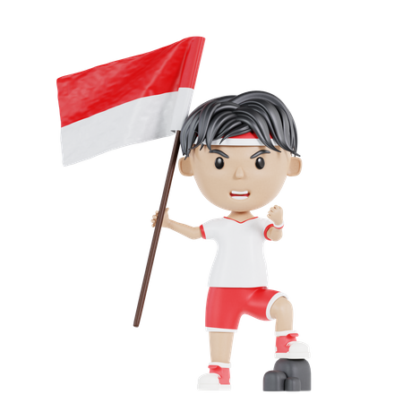 Exited Indonesian man holding indonesian flag  3D Illustration