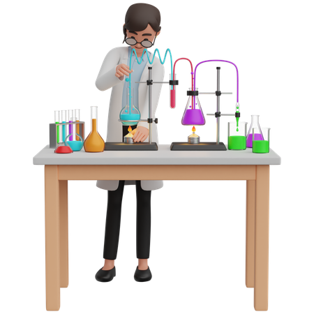 Expériences de jeune fille avec un ensemble de tubes chimiques  3D Illustration