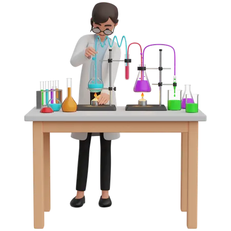 Expériences de jeune fille avec un ensemble de tubes chimiques  3D Illustration