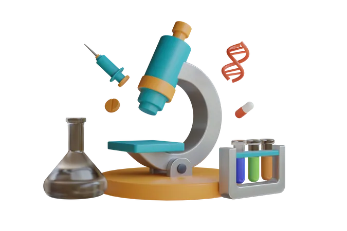 La Ilustracion 3 D Del ADN Rodea La Microscopia Y El Equipo De Laboratorio Microscopio Rodeado De Viales Variados Con Liquidos Y Pastillas En El Laboratorio Farmaceutico 3D Illustration