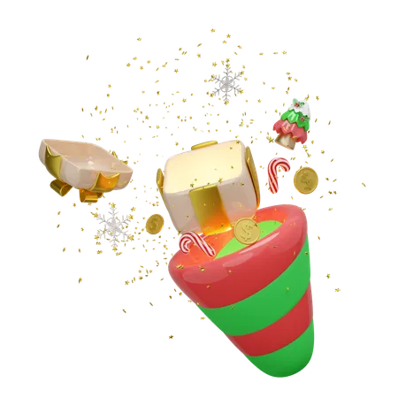 Explosion Firecracker Funnel With Open Gift Box Empty Coins Christmas Tree Candy Cane Snowflake Merry Christmas And Happy New Year 3 D Render Illustration 3D Illustration
