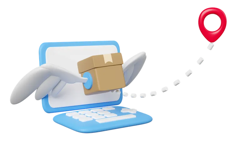Laptop Computer With Goods Cardboard Box Fly Pin Isolated Express Delivery Route Worldwide Shipping Concept 3 D Illustration Render 3D Icon