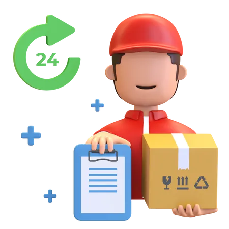 Fast Delivery Service Courier Holding Parcel Box And Sign Note Online Shop Icon 3D Illustration