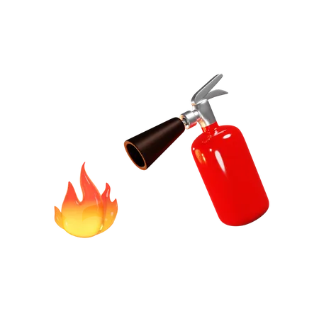 Extintor de incêndio vermelho e fogo ardente  3D Illustration