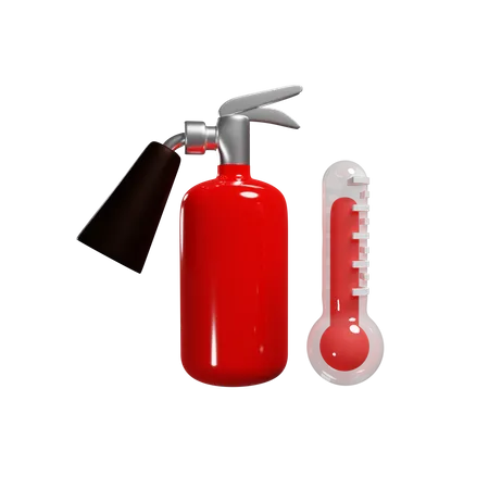 Extintor de incêndio vermelho e termômetro quente que reduz a temperatura  3D Illustration