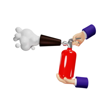 Extintor de incêndio vermelho nas mãos extingue incêndios de espuma da proteção do bocal contra chamas  3D Illustration