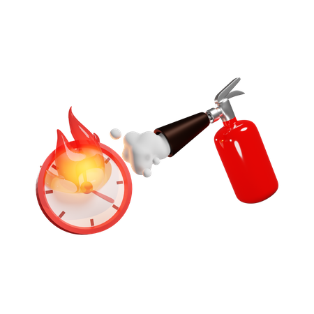 El extintor de incendios rojo apaga el reloj en llamas.  3D Illustration