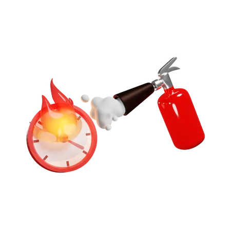 El extintor de incendios rojo apaga el reloj en llamas.  3D Illustration