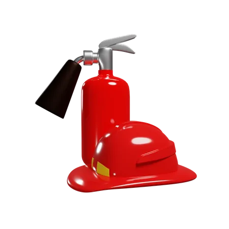 Extintor de incendios rojo y casco de bombero  3D Illustration