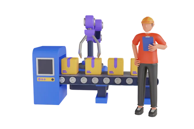 Correia Transportadora Robotica Automatizada Para Embalagem De Produtos Em Caixas De Papelao Fabrica De Linha De Producao De Braco Robotico Ilustracao 3 D 3D Illustration