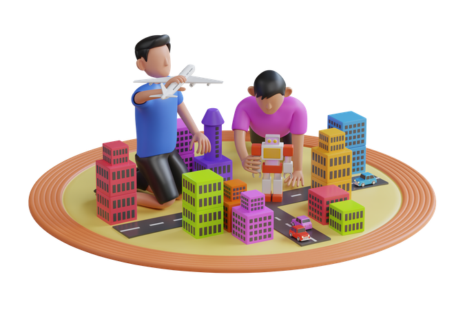 Des enfants fabriquent une ville de jouets  3D Illustration