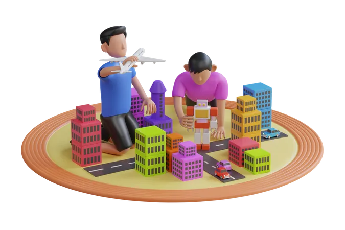Des enfants fabriquent une ville de jouets  3D Illustration