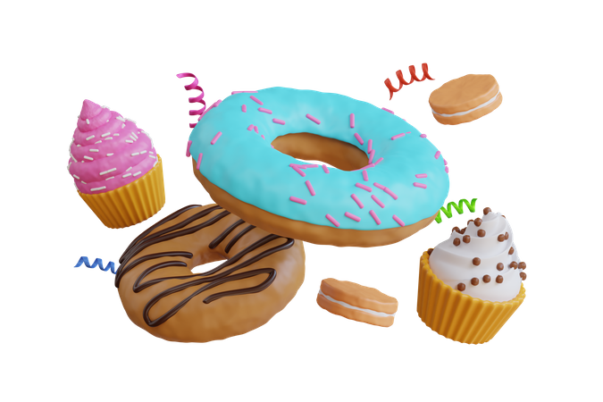 Falling Cupcake And Donuts  3D Icon