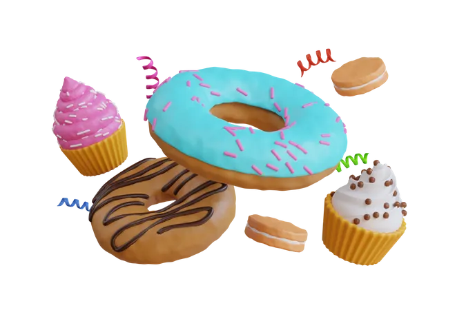 Falling Cupcake And Donuts Sweet Food 3 D Illustration 3D Icon