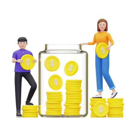 Familia ahorrando dinero en tarro  3D Illustration